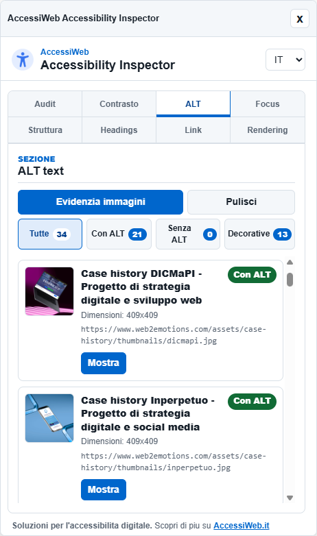 Anteprima dell'estensione AccessiWeb Accessibility Inspector per Chrome sezione ALT