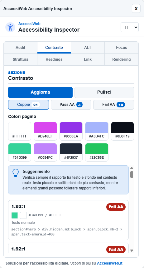 Anteprima dell'estensione AccessiWeb Accessibility Inspector per Chrome sezione contrasto