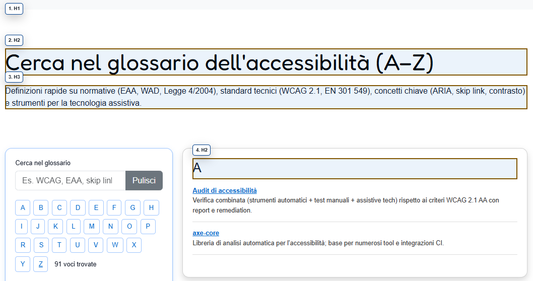 Esempio di utilizzo dell'estensione con evidenziazione delle headings h1-h6 su pagina