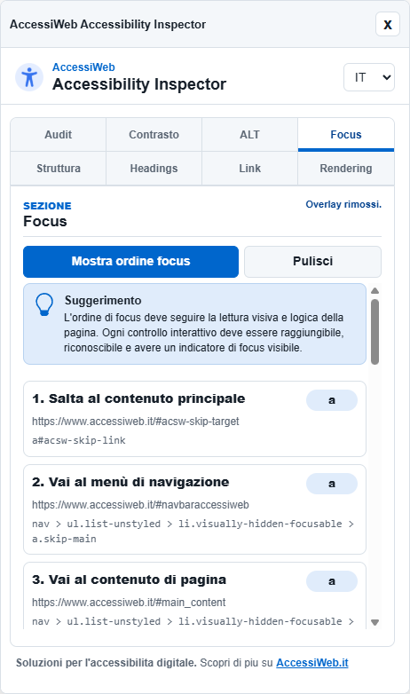 Anteprima dell'estensione AccessiWeb Accessibility Inspector per Chrome sezione Focus