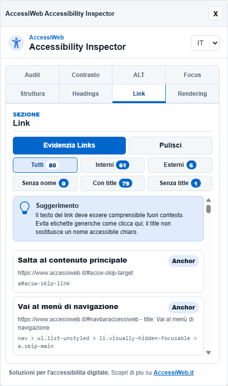 Anteprima dell'estensione AccessiWeb Accessibility Inspector per Chrome sezione links