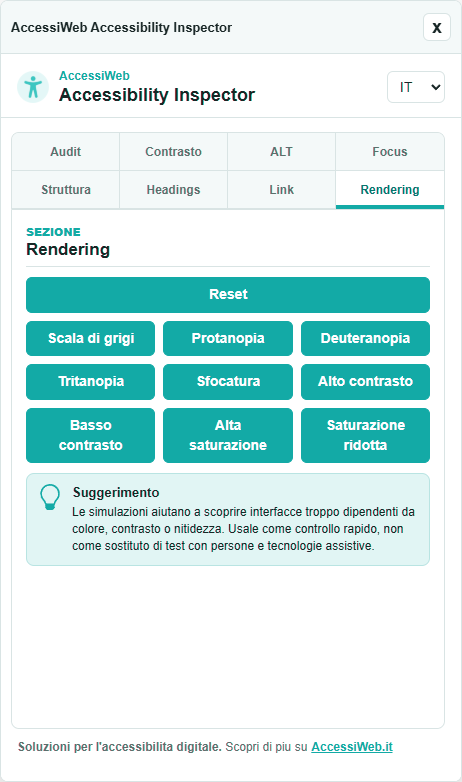 Anteprima dell'estensione AccessiWeb Accessibility Inspector per Chrome sezione rendering