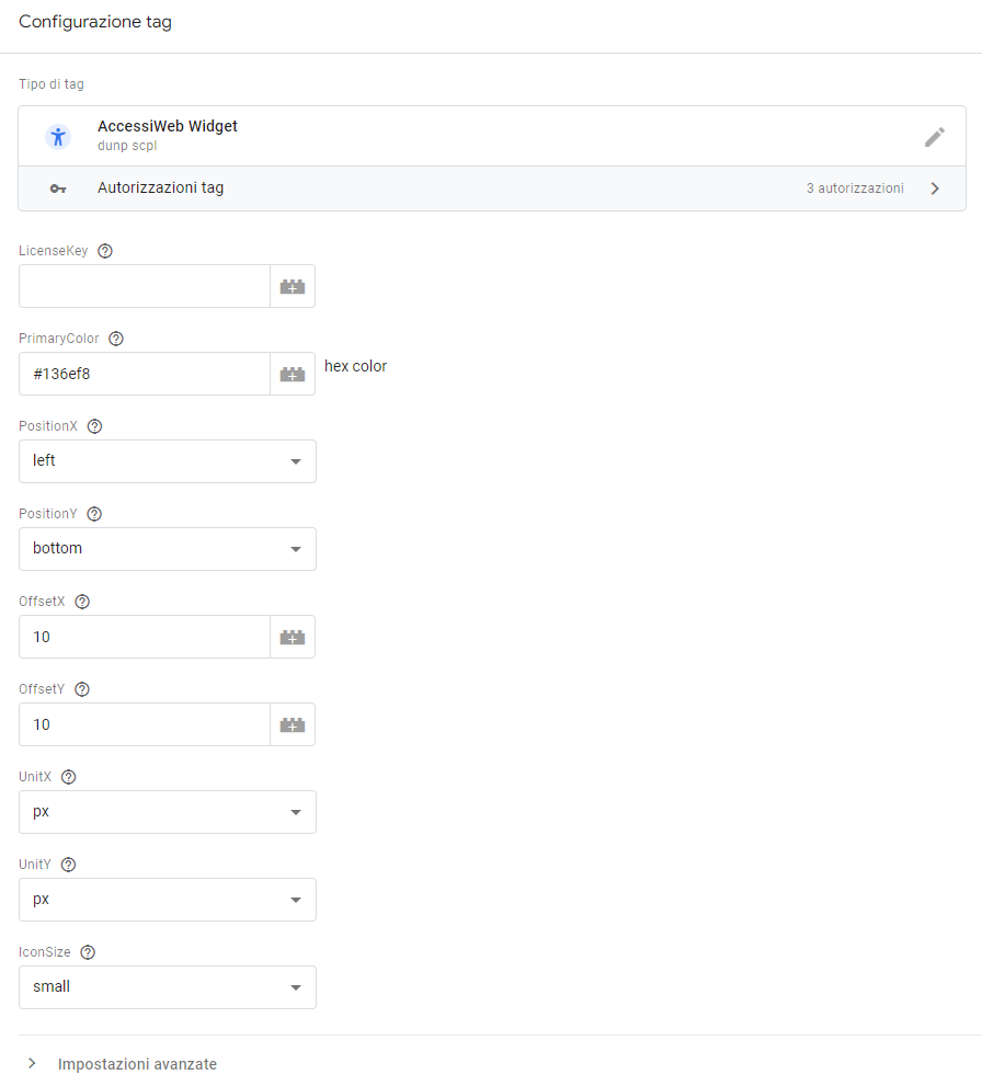 Configurazione Tag AccessiWeb Widget