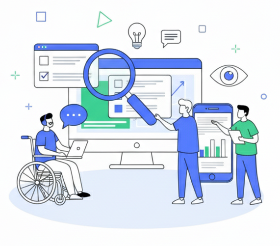 immagine astratta che rappresenta 3 soggetti intenti ad analizzare siti e contenuti